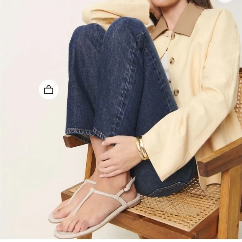 Reformation Cream Linen Thea T-Strap Women's Sandals
